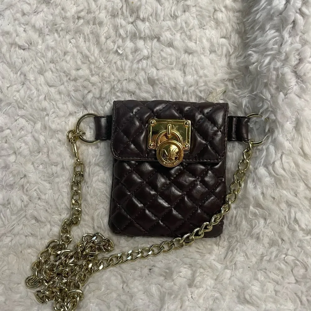 Michael Kors Brown faux leather quilted mini crossbody/fanny pack chain accent